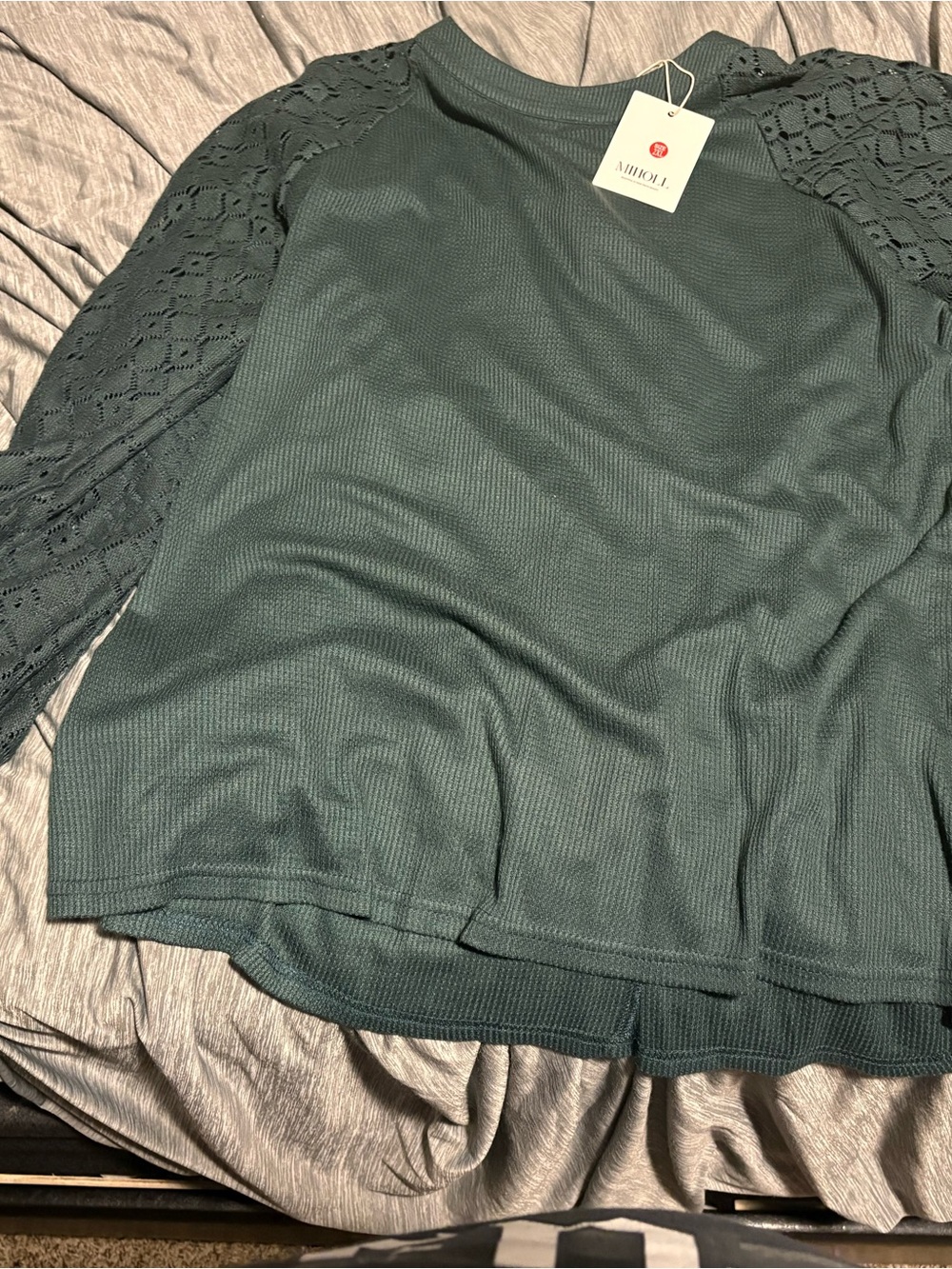 a new day Dark Green Lace Sleeve Waffle Knit Top